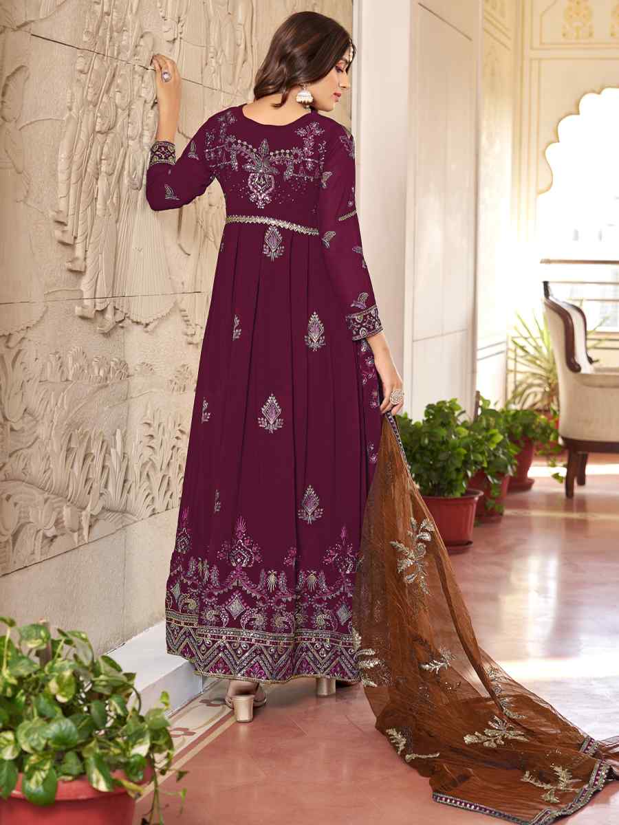 Purple Faux Georgette Embroidered Festival Wedding Anarkali Salwar Kameez