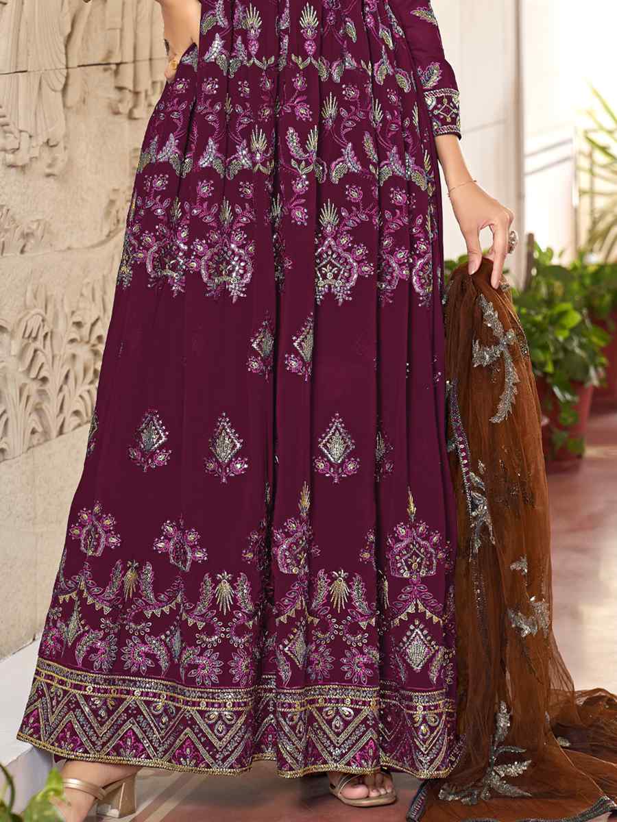 Purple Faux Gerogette Embroidered Festival Wedding Anarkali Salwar Kameez