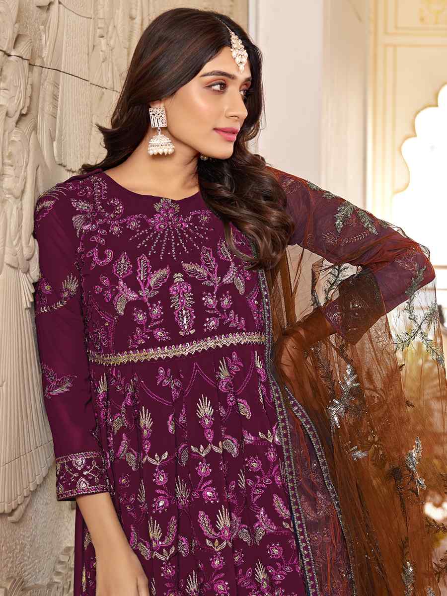 Purple Faux Gerogette Embroidered Festival Wedding Anarkali Salwar Kameez