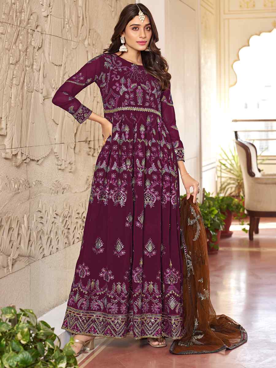 Purple Faux Gerogette Embroidered Festival Wedding Anarkali Salwar Kameez