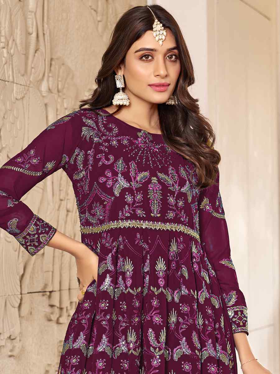 Purple Faux Gerogette Embroidered Festival Wedding Anarkali Salwar Kameez