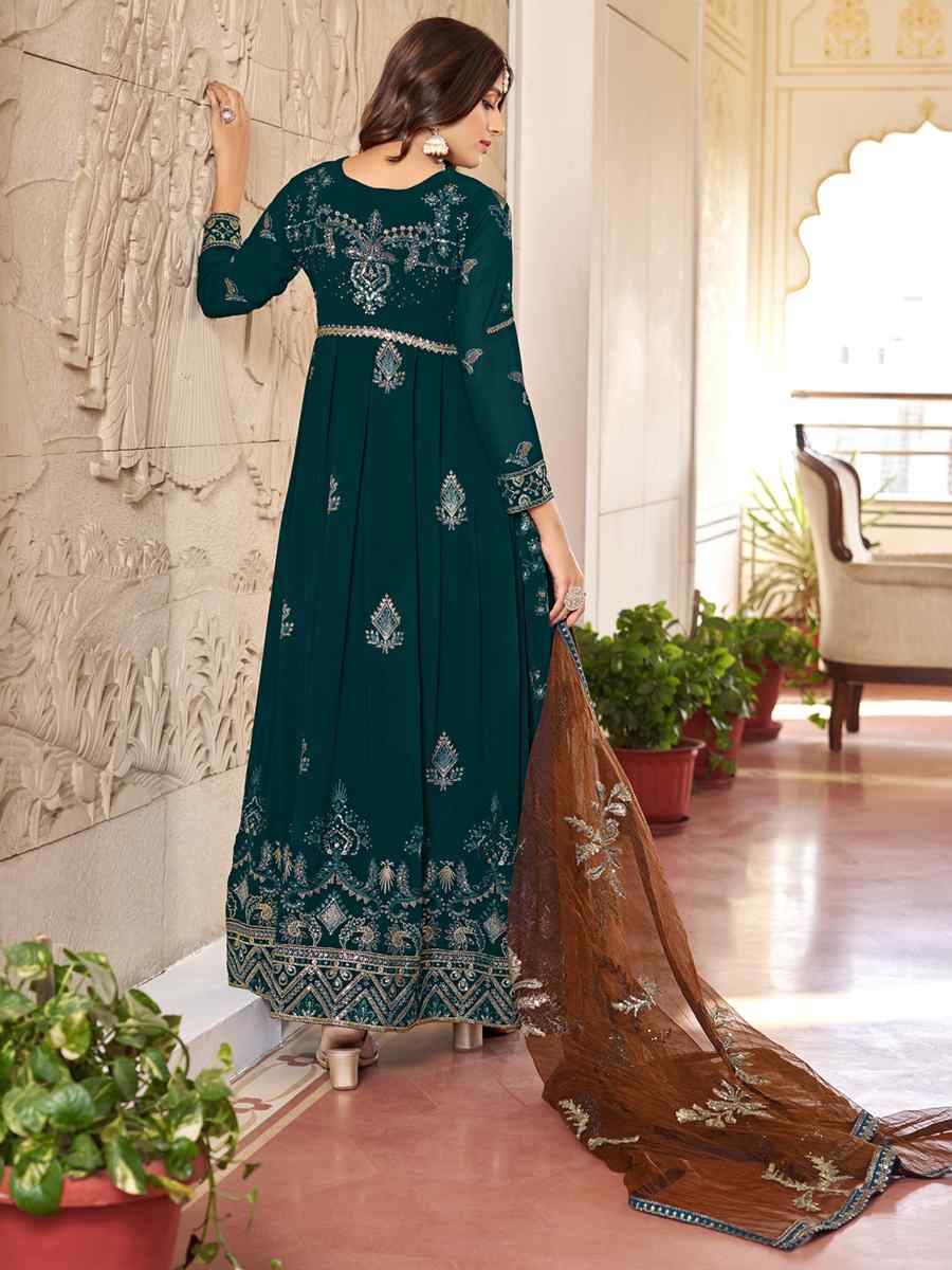 Teal Green Faux Gerogette Embroidered Festival Wedding Anarkali Salwar Kameez