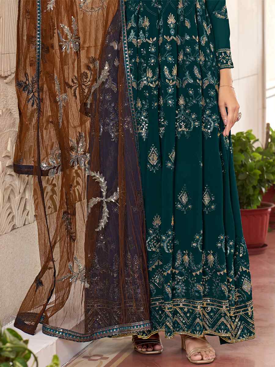 Teal Green Faux Georgette Embroidered Festival Wedding Anarkali Salwar Kameez