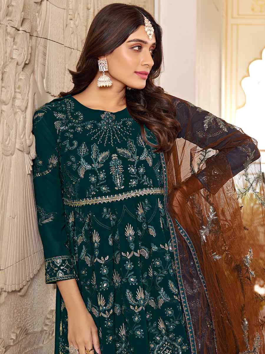 Teal Green Faux Georgette Embroidered Festival Wedding Anarkali Salwar Kameez