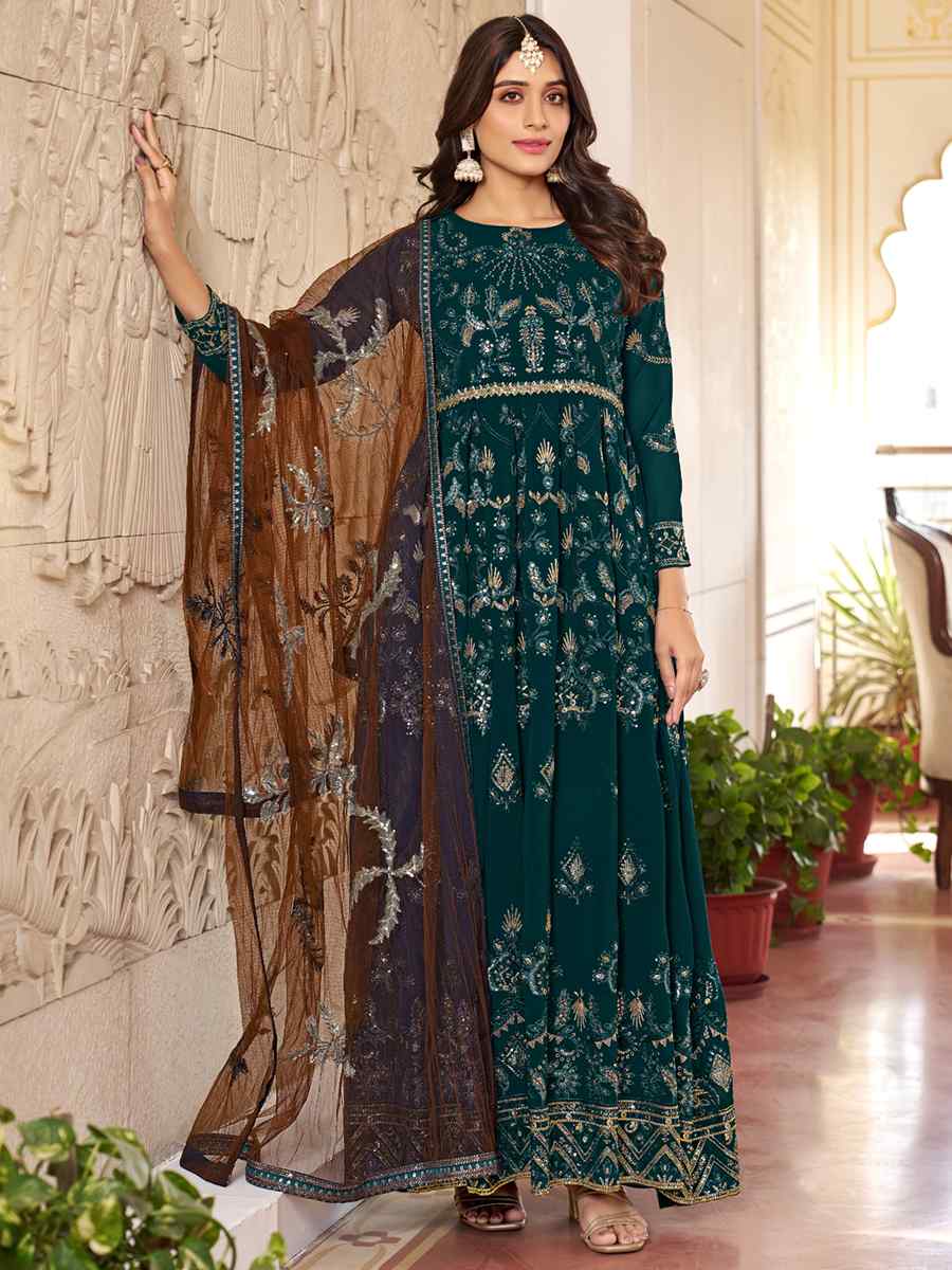 Teal Green Faux Georgette Embroidered Festival Wedding Anarkali Salwar Kameez