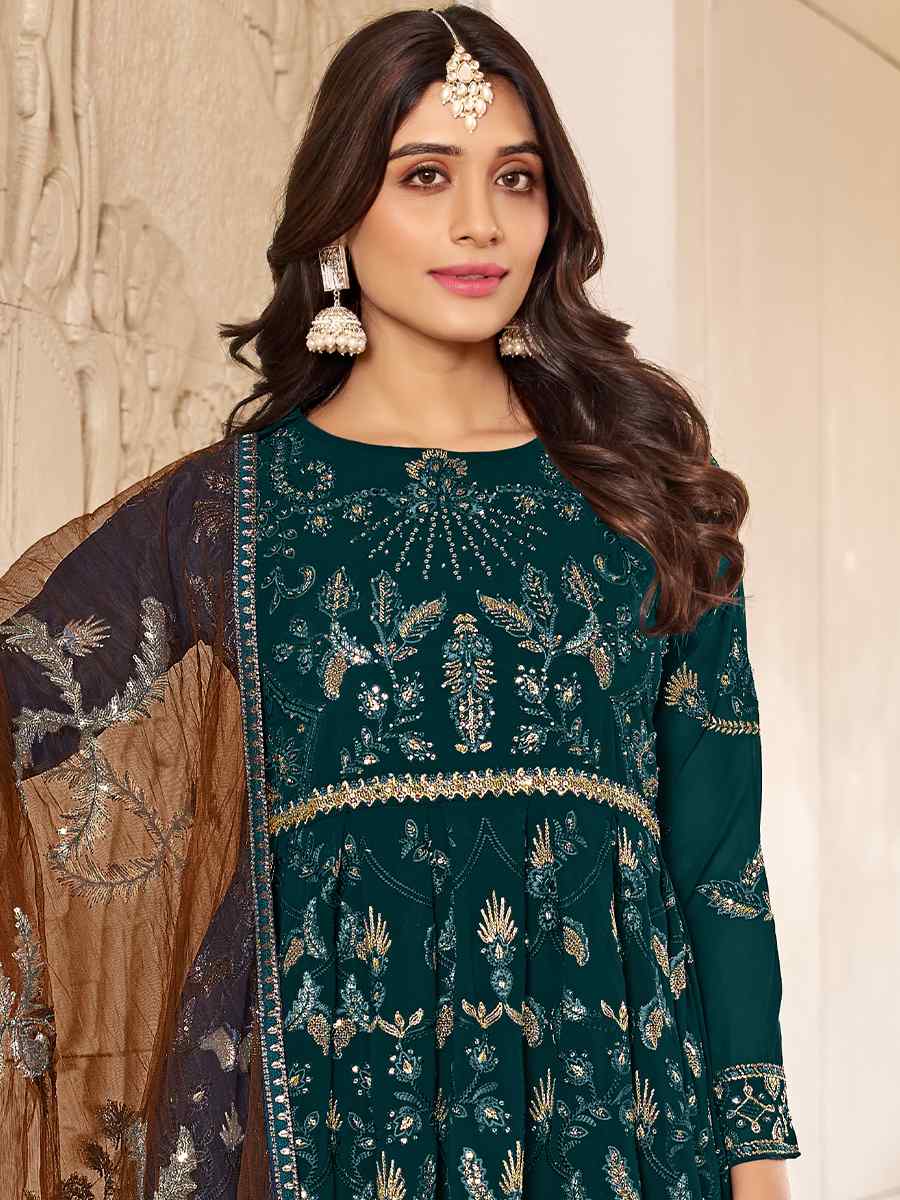 Teal Green Faux Georgette Embroidered Festival Wedding Anarkali Salwar Kameez