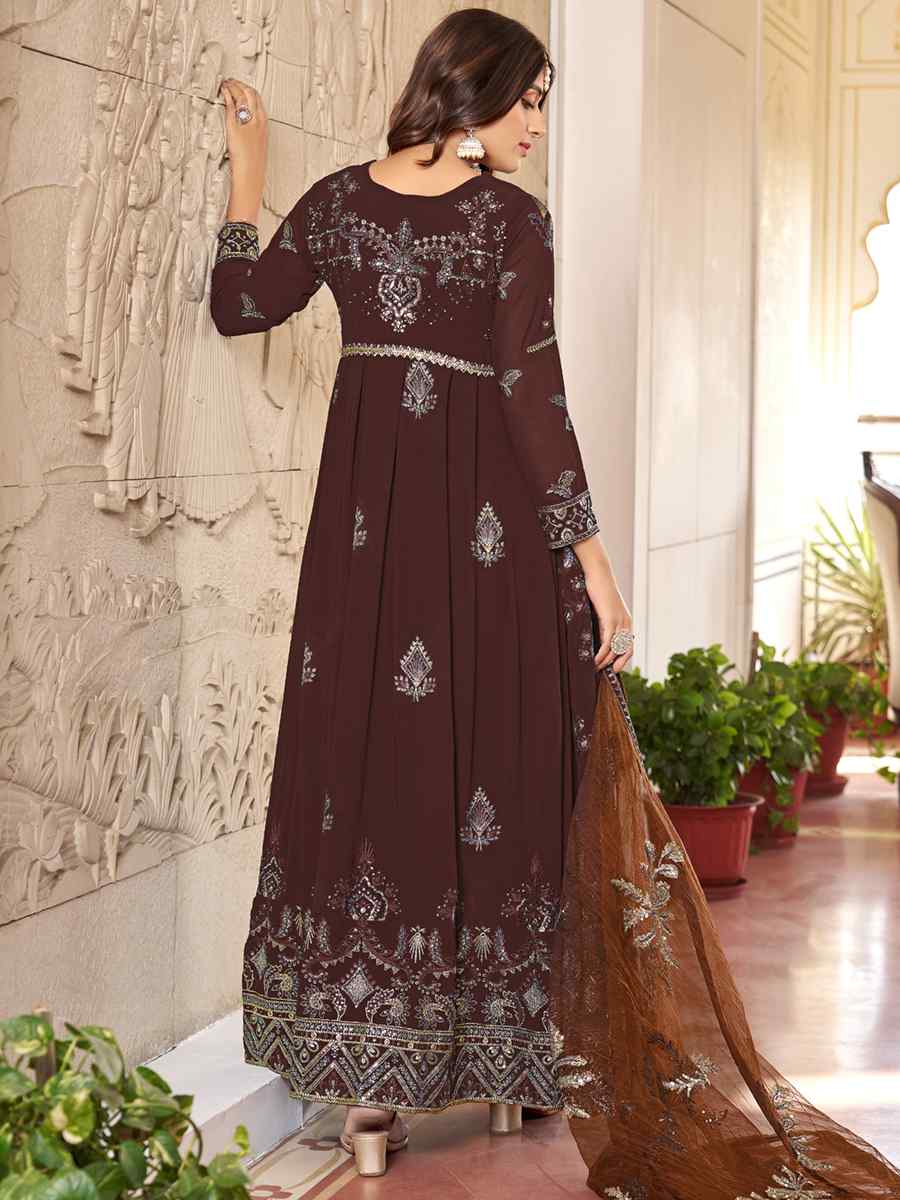 Brown Faux Gerogette Embroidered Festival Wedding Anarkali Salwar Kameez