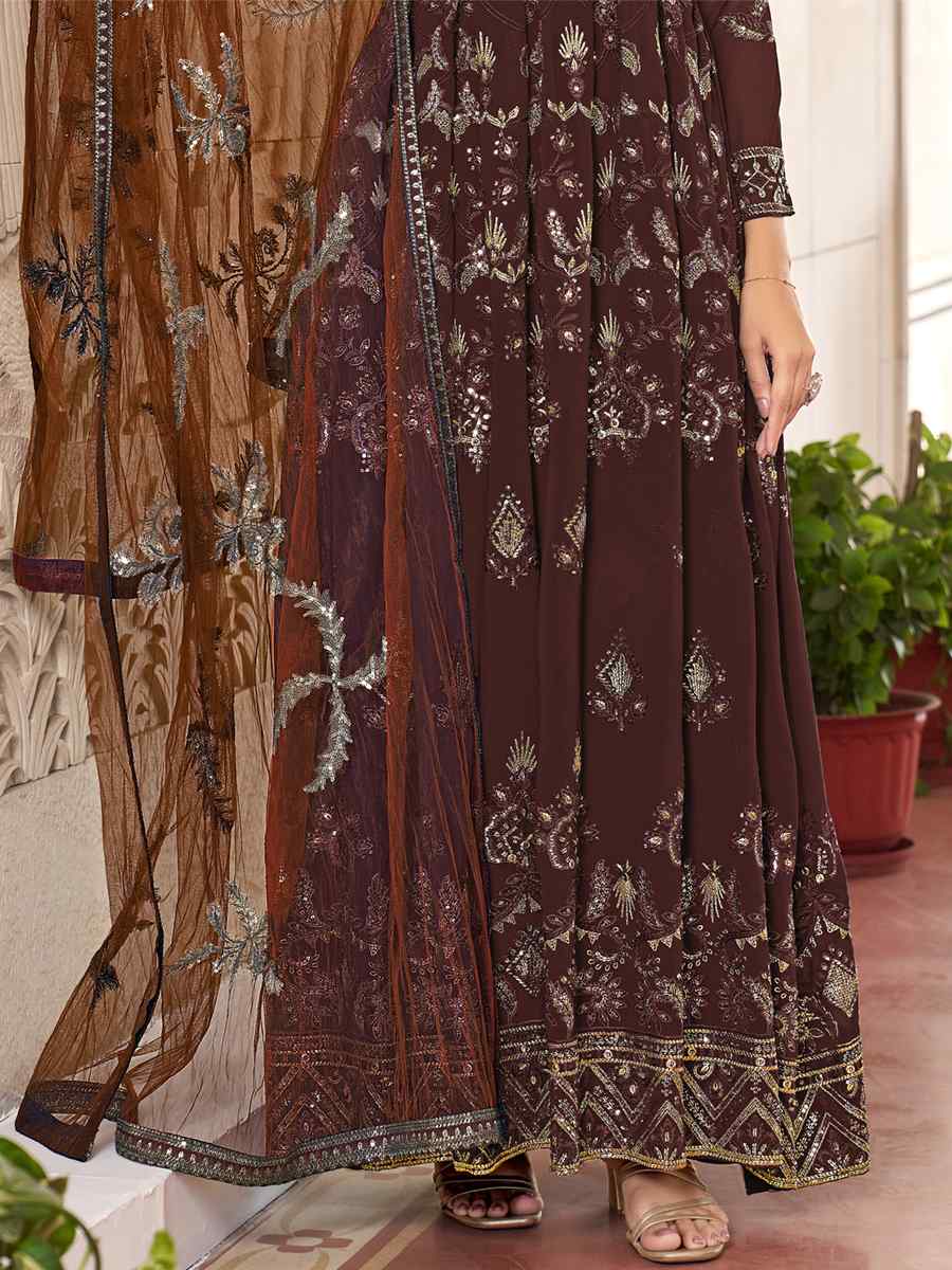 Brown Faux Gerogette Embroidered Festival Wedding Anarkali Salwar Kameez