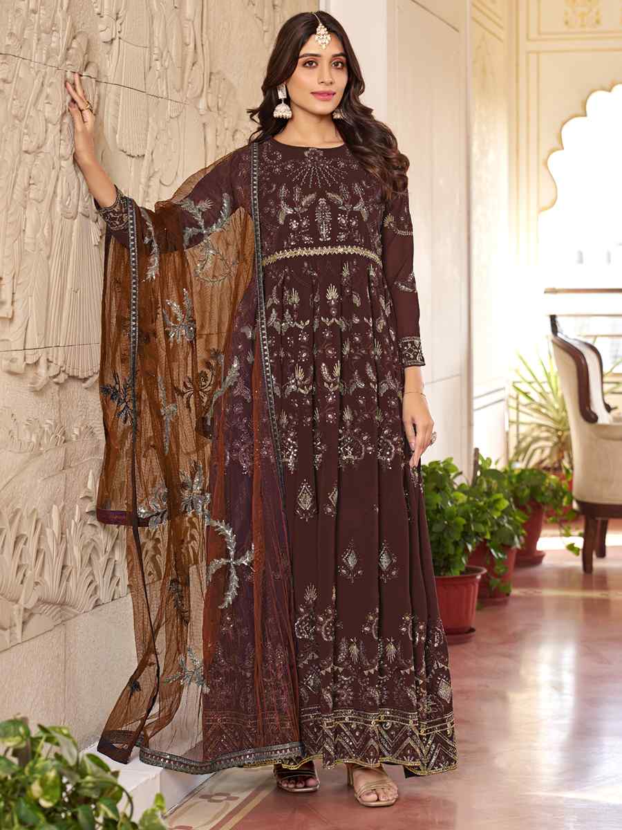 Brown Faux Gerogette Embroidered Festival Wedding Anarkali Salwar Kameez