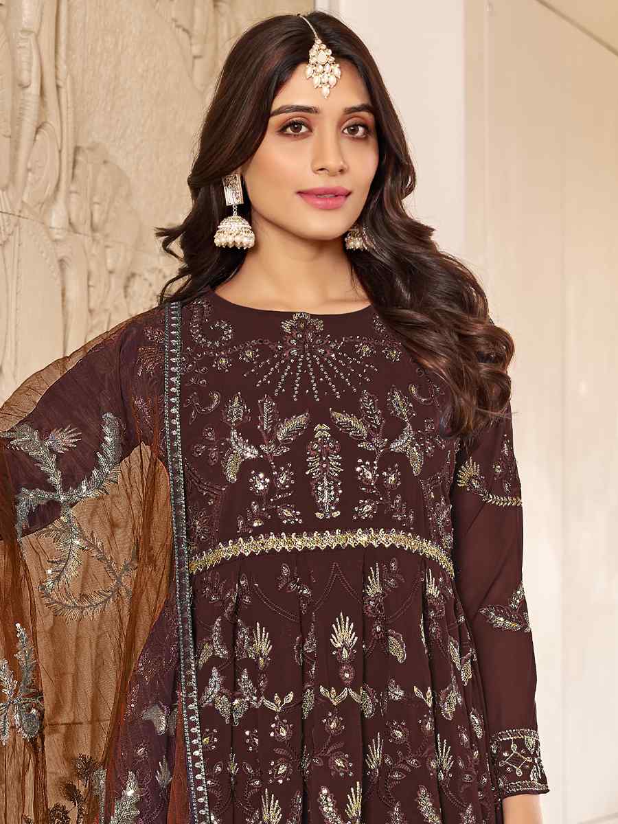 Brown Faux Gerogette Embroidered Festival Wedding Anarkali Salwar Kameez