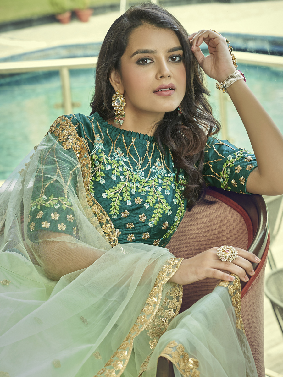 Pista Heavy Nylon Net Embroidered Party Wear Festival Circular Lehenga Choli