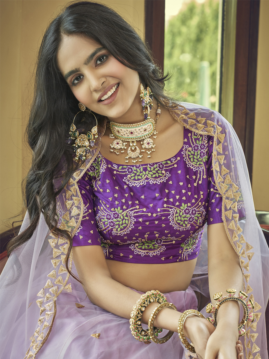Lavender Heavy Nylon Net Embroidered Party Wear Festival Circular Lehenga Choli