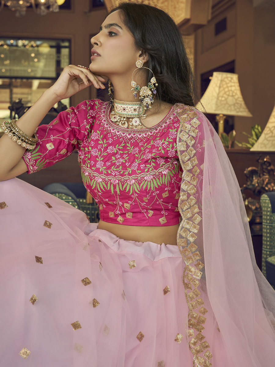 Peach Heavy Nylon Net Embroidered Party Wear Festival Circular Lehenga Choli