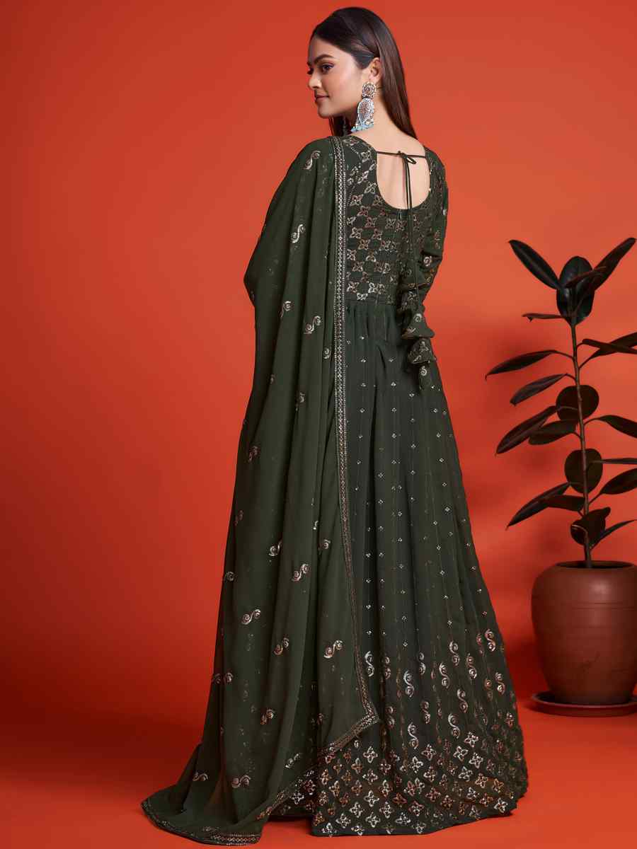 Dark Mehendi Blooming Georgette Embroidered Festival Mehendi Gown