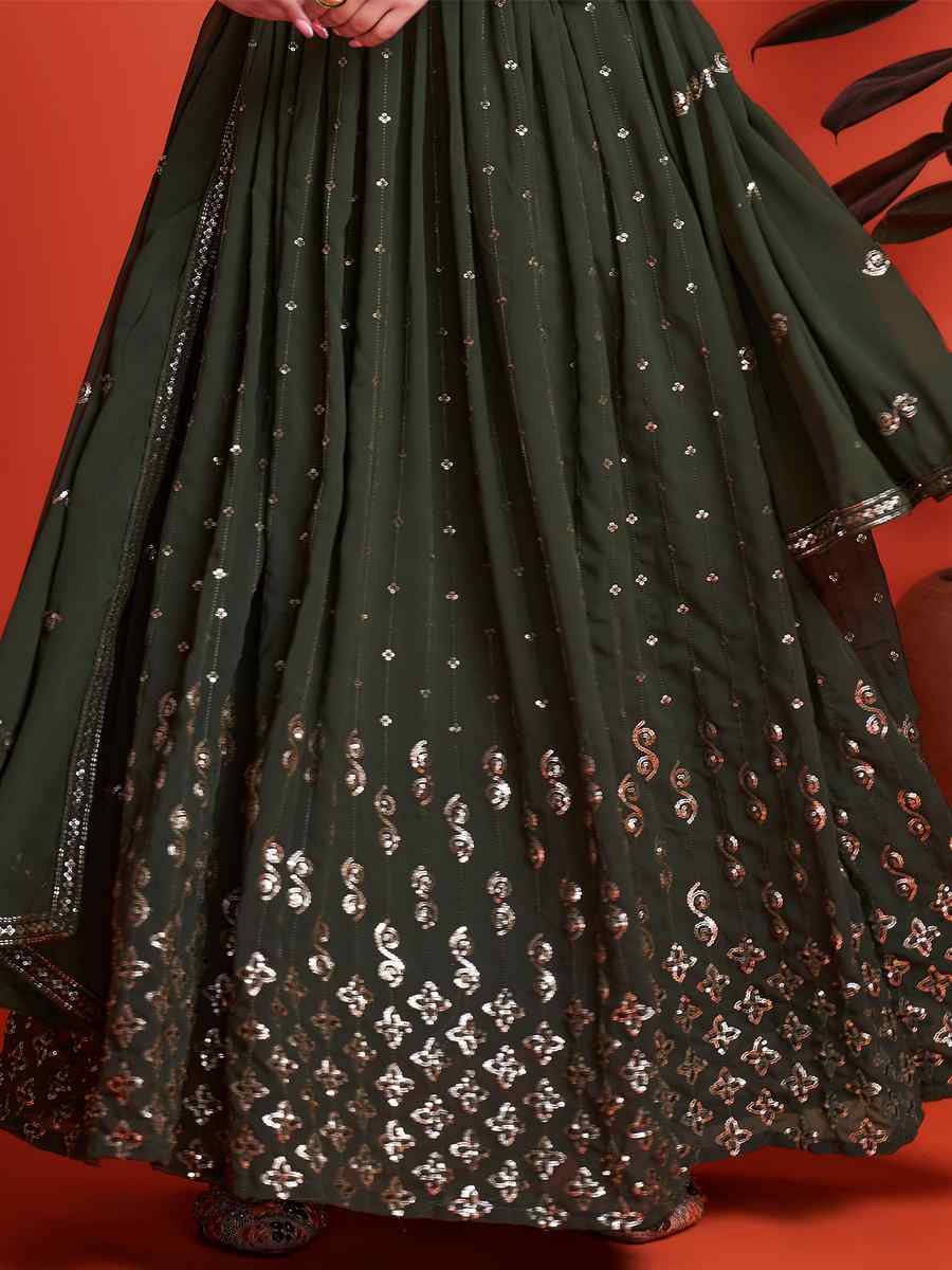 Dark Mehendi Blooming Georgette Embroidered Festival Mehendi Gown