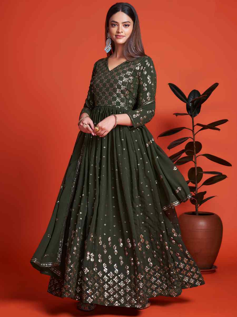 Dark Mehendi Blooming Georgette Embroidered Festival Mehendi Gown