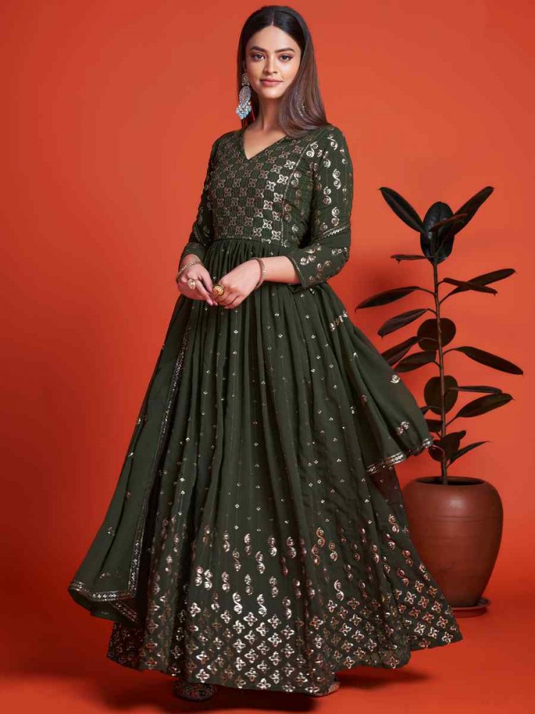 Dark Mehendi Blooming Georgette Embroidered Festival Mehendi Gown