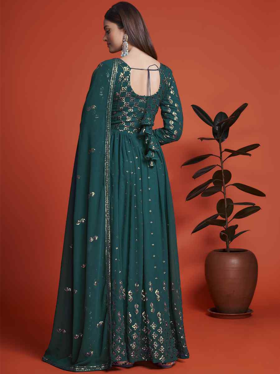 Rama Blue Blooming Georgette Embroidered Festival Mehendi Gown