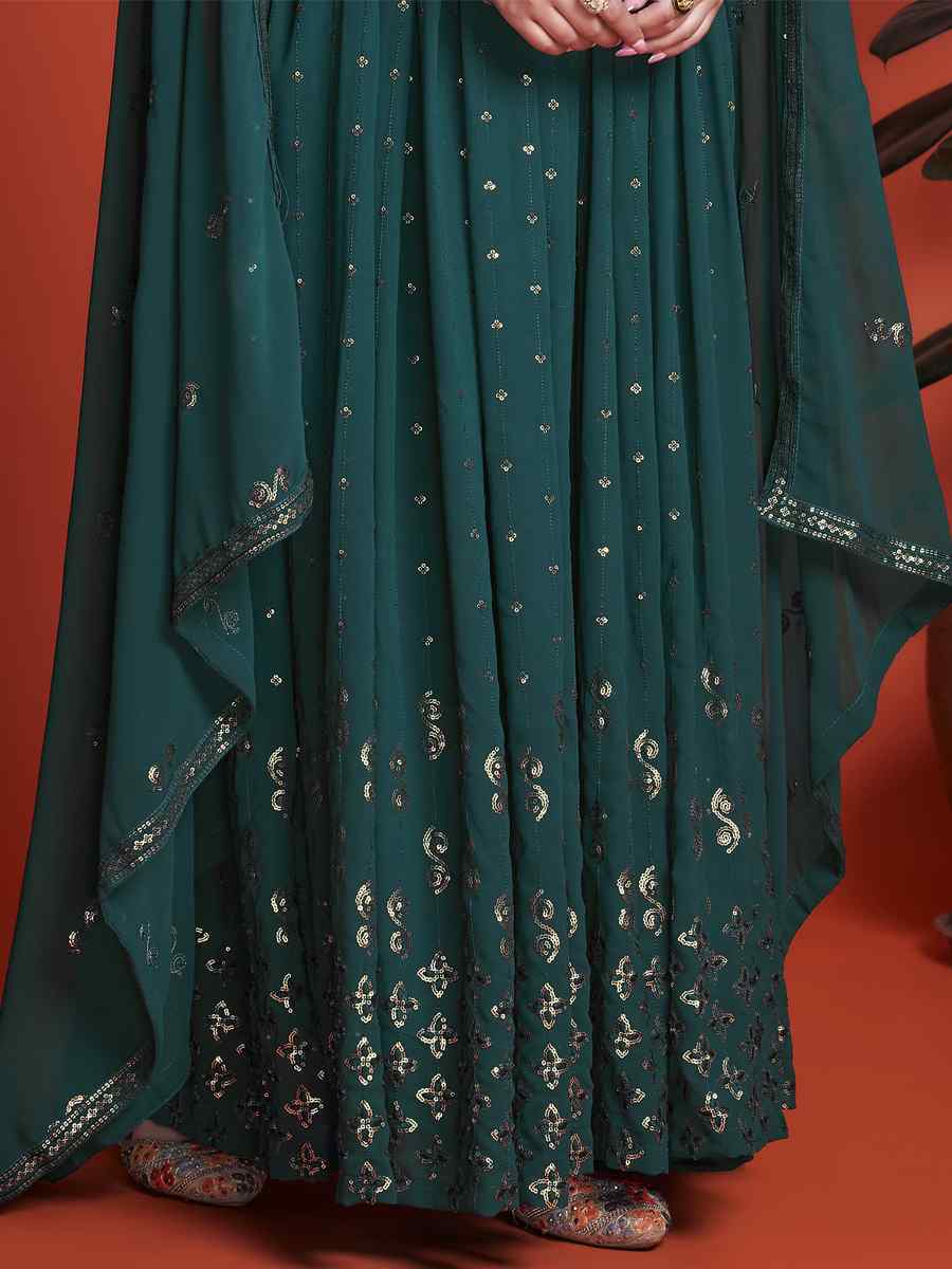 Rama Blue Blooming Georgette Embroidered Festival Mehendi Gown