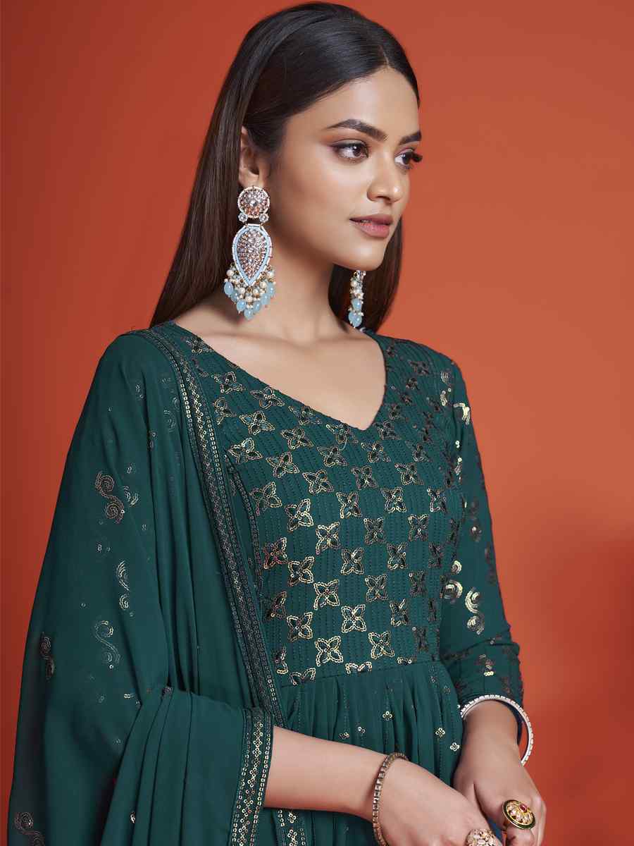 Rama Blue Blooming Georgette Embroidered Festival Mehendi Gown