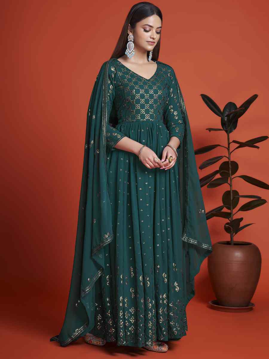 Rama Blue Blooming Georgette Embroidered Festival Mehendi Gown