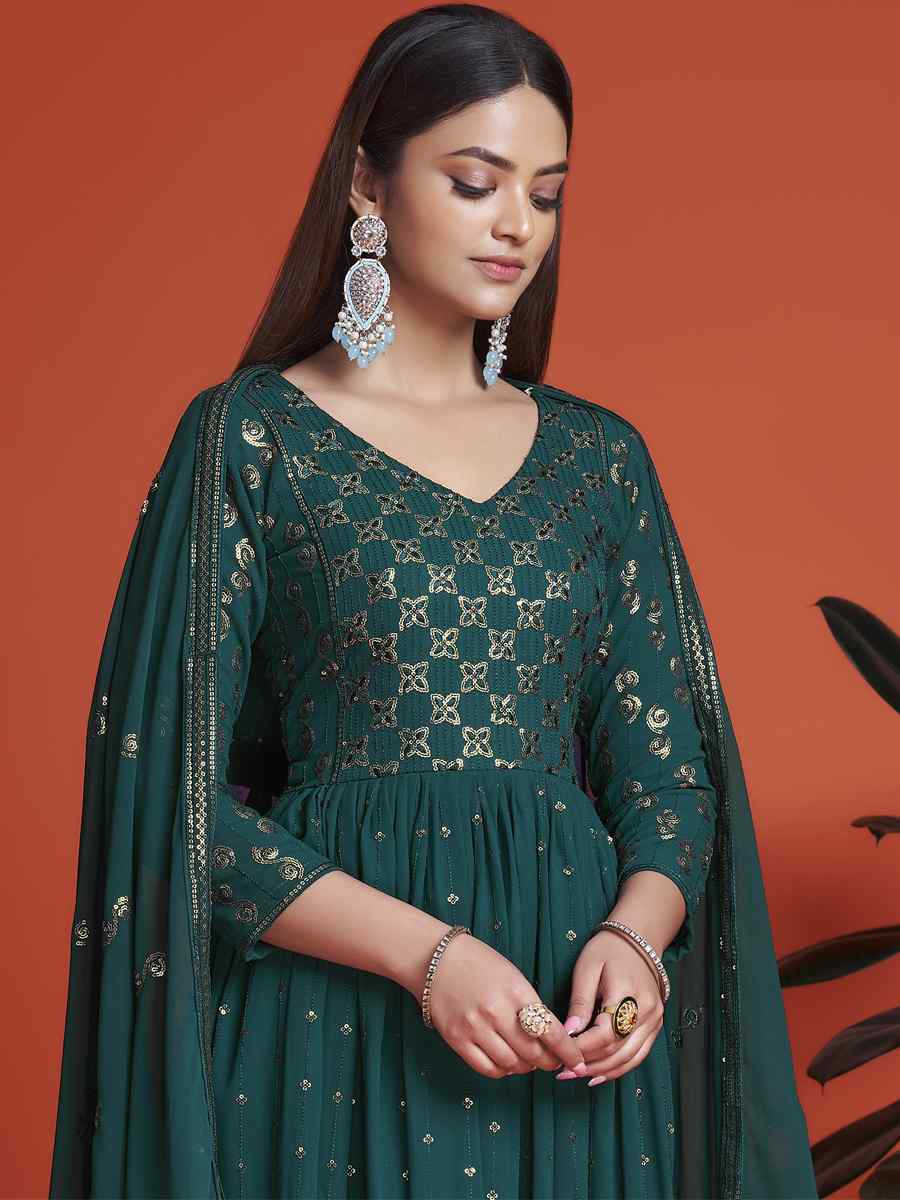 Rama Blue Blooming Georgette Embroidered Festival Mehendi Gown