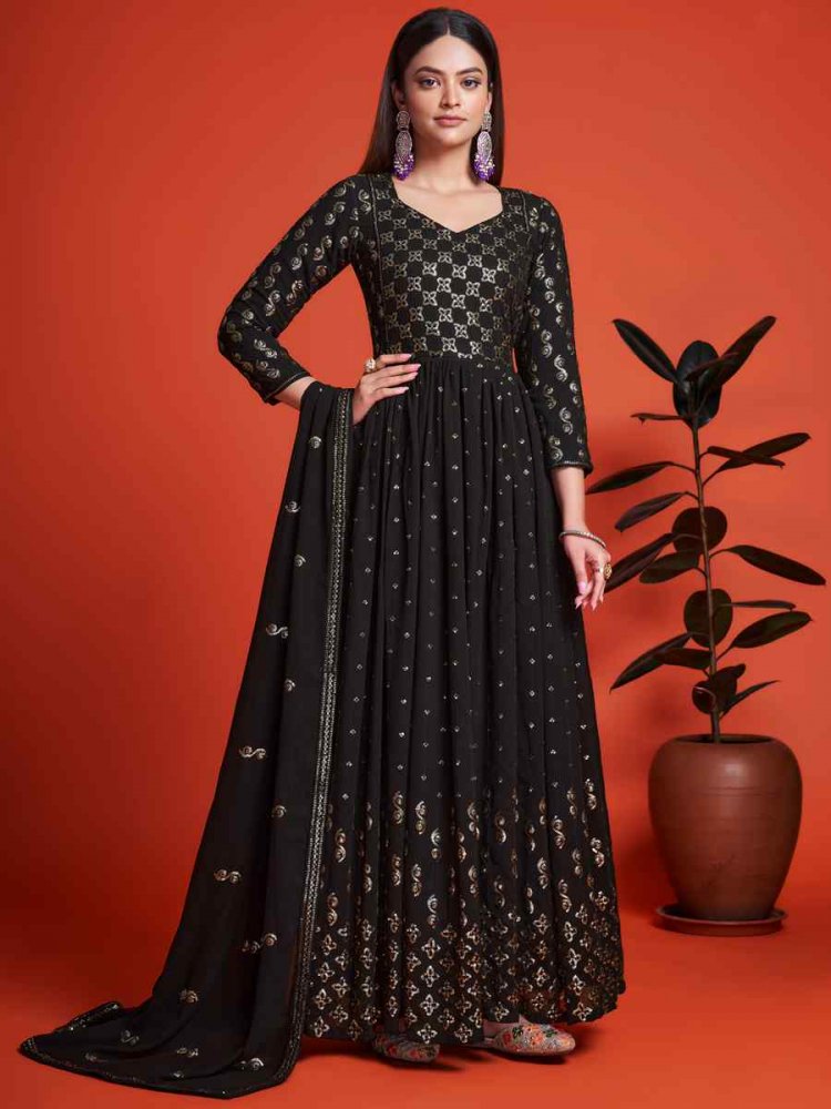 Black Blooming Georgette Embroidered Festival Mehendi Gown