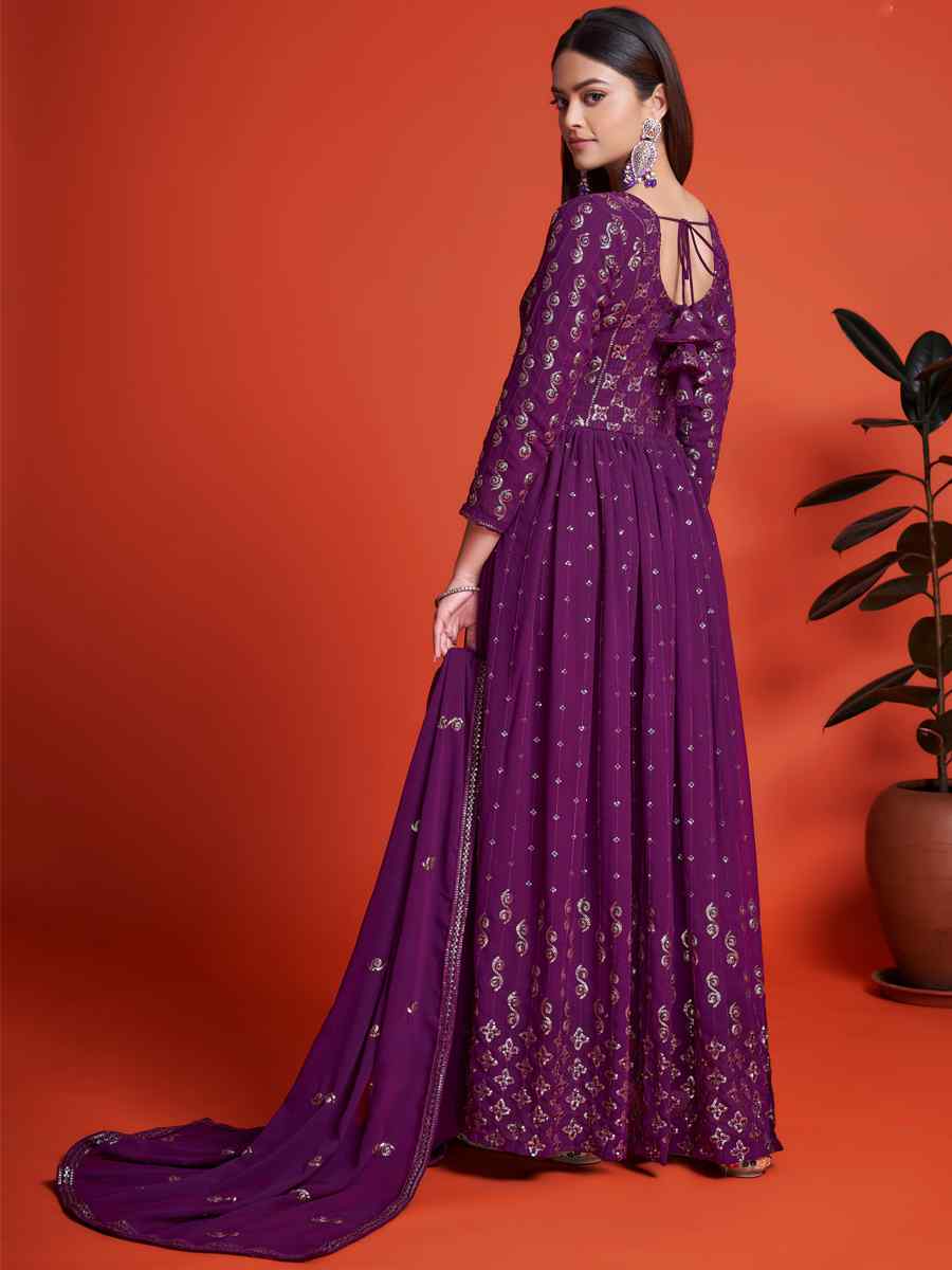 Purple Blooming Georgette Embroidered Festival Mehendi Gown