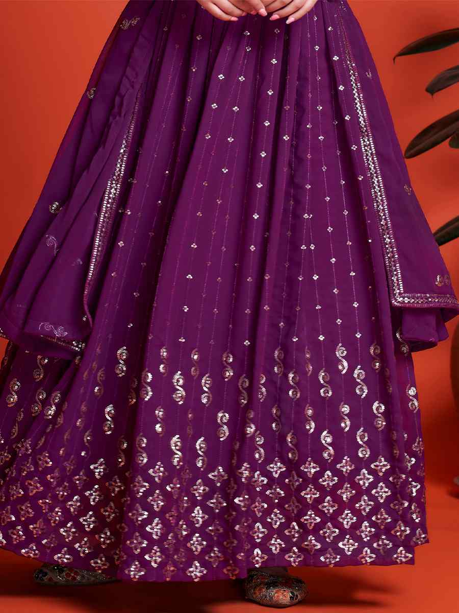 Purple Blooming Georgette Embroidered Festival Mehendi Gown