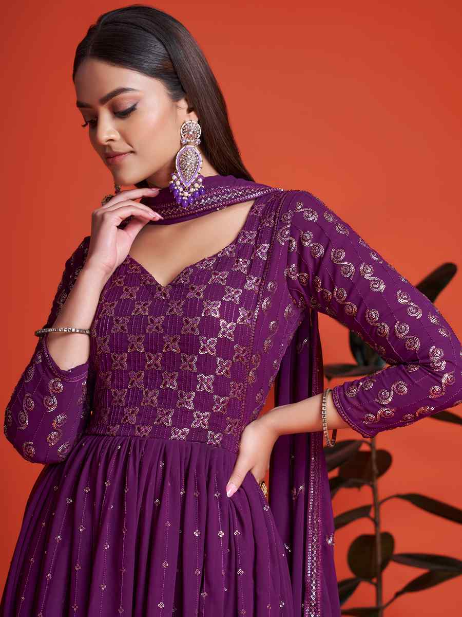 Purple Blooming Georgette Embroidered Festival Mehendi Gown