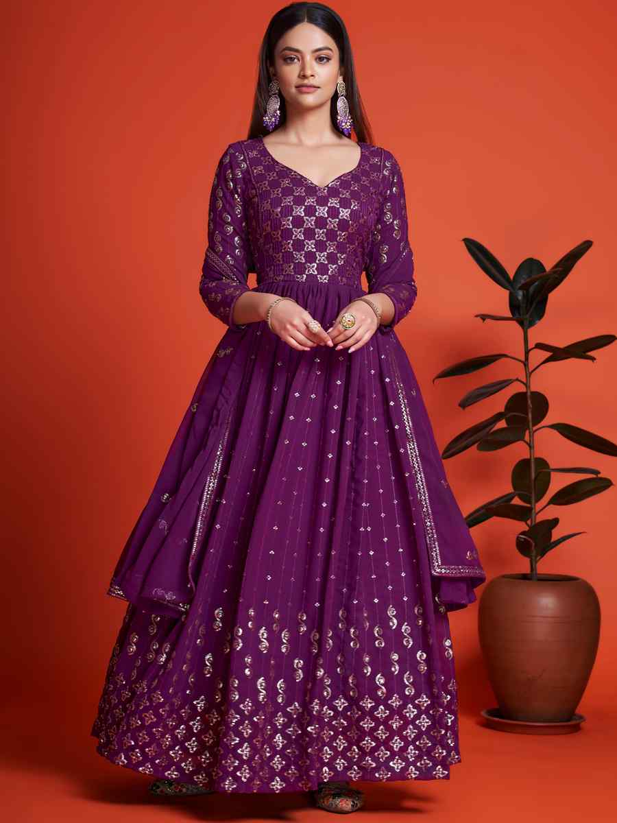 Purple Blooming Georgette Embroidered Festival Mehendi Gown