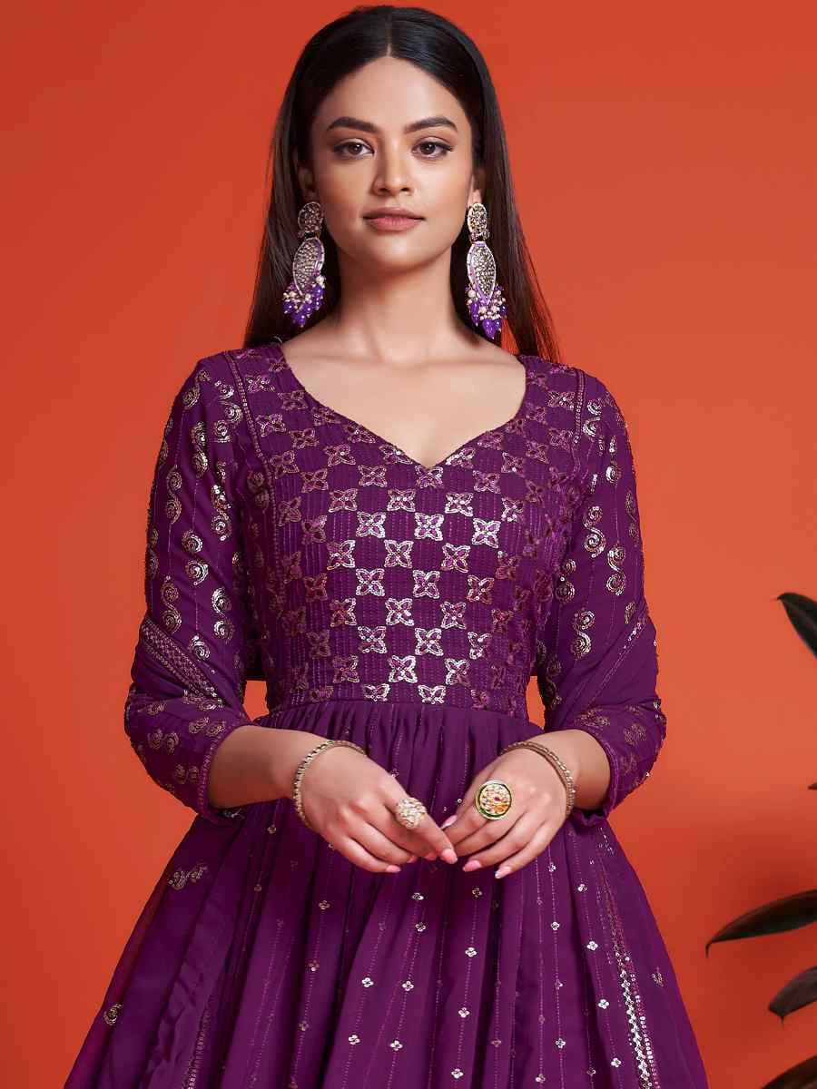 Purple Blooming Georgette Embroidered Festival Mehendi Gown