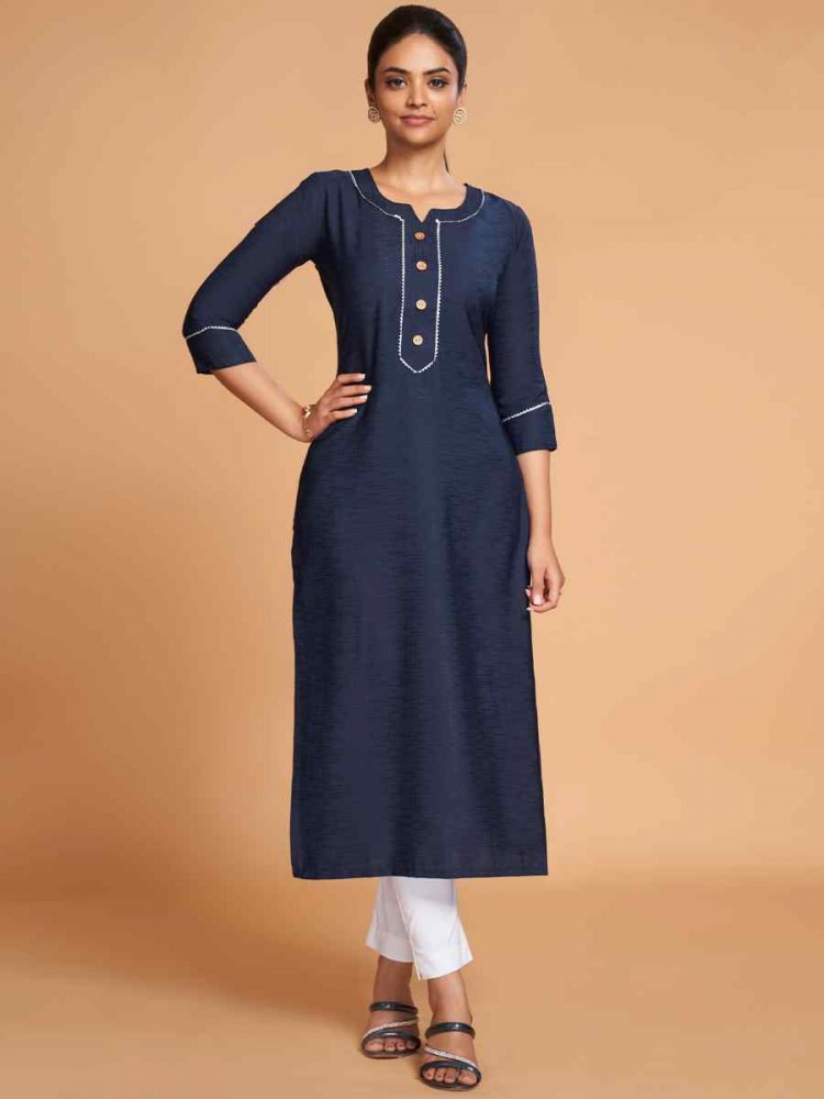 Navy Blue Silk Handwoven Festival Casual Kurti