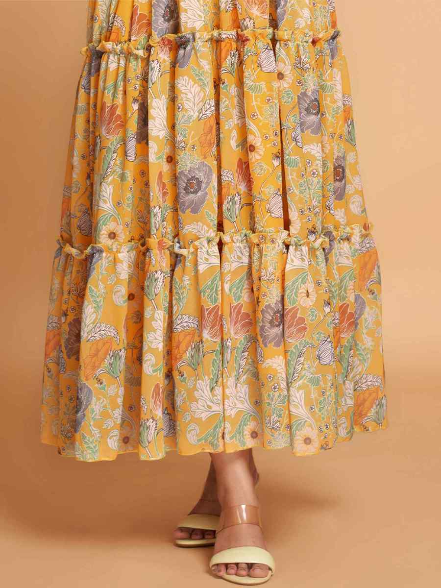 Yellow Faux Georgette Printed Festival Casual Gown