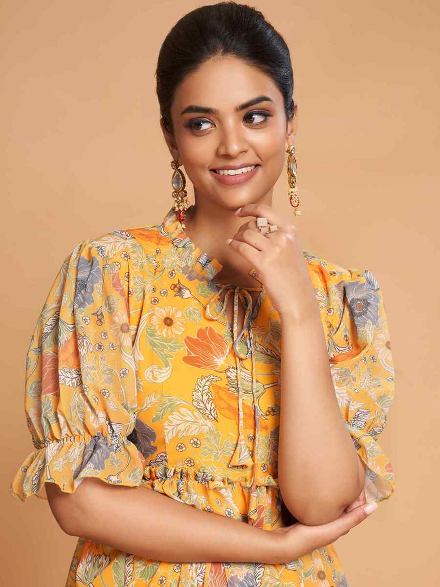 Yellow Faux Georgette Printed Festival Casual Gown