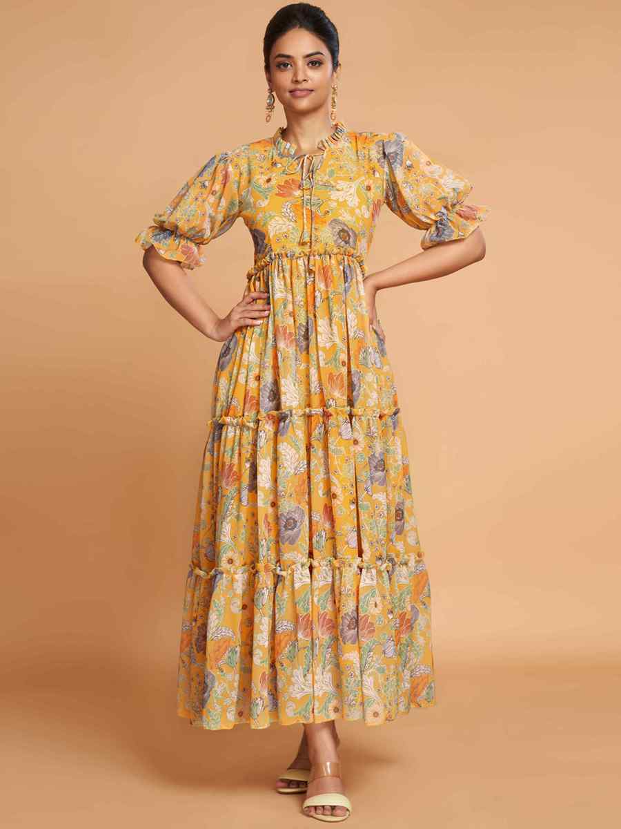 Yellow Faux Georgette Printed Festival Casual Gown