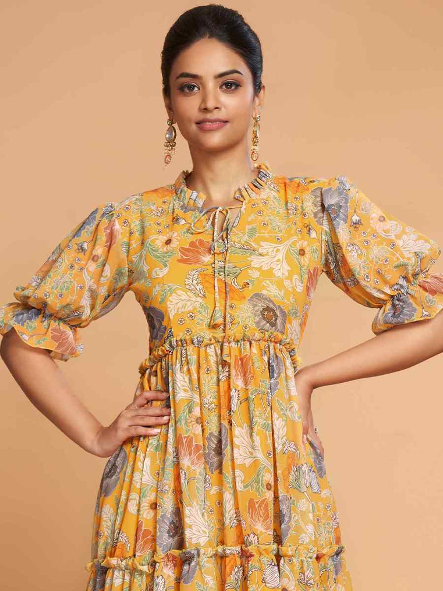 Yellow Faux Georgette Printed Festival Casual Gown