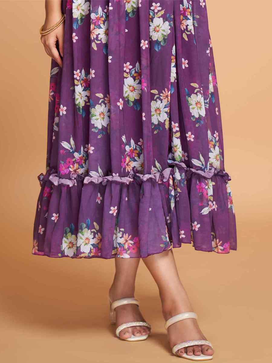 Purple Faux Georgette Printed Festival Casual Gown