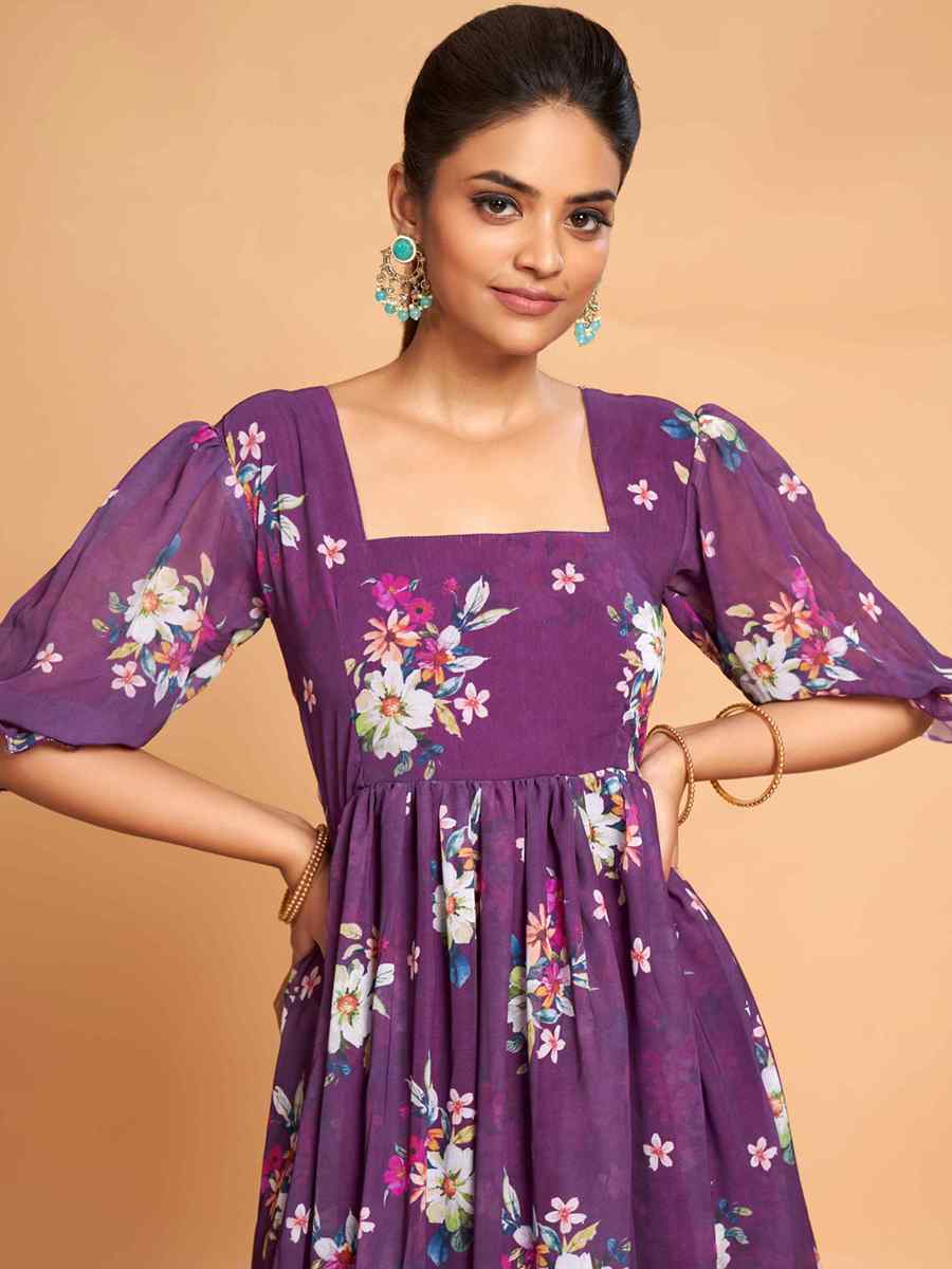 Purple Faux Georgette Printed Festival Casual Gown