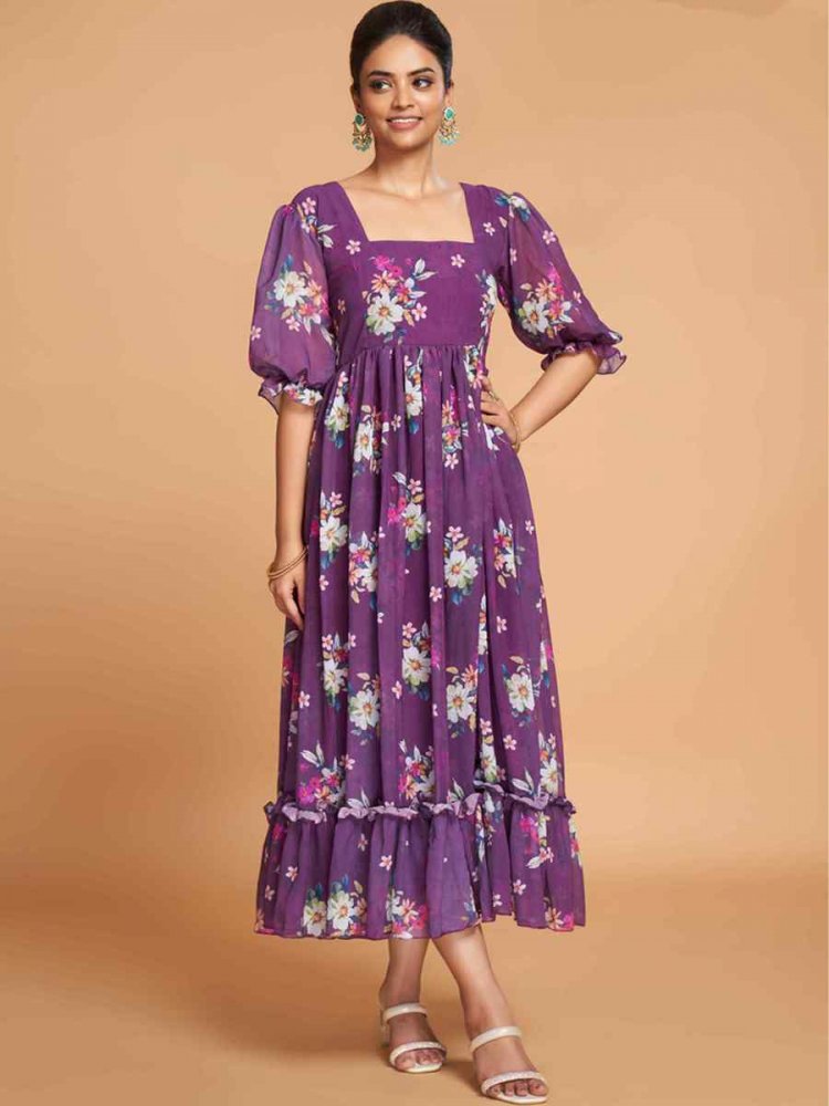 Purple Faux Georgette Printed Festival Casual Gown