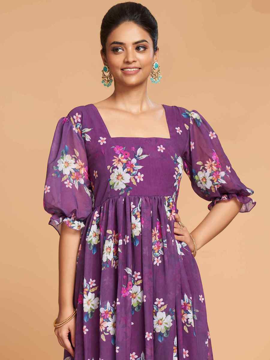Purple Faux Georgette Printed Festival Casual Gown