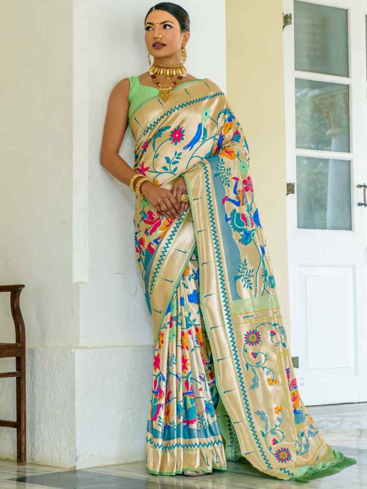 Pista Paithani Silk Handwoven Wedding Festival Heavy Border Saree