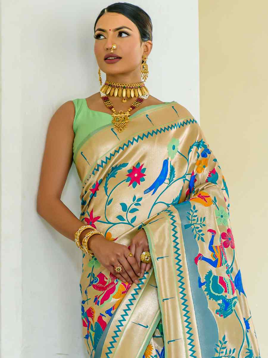 Pista Paithani Silk Handwoven Wedding Festival Heavy Border Saree
