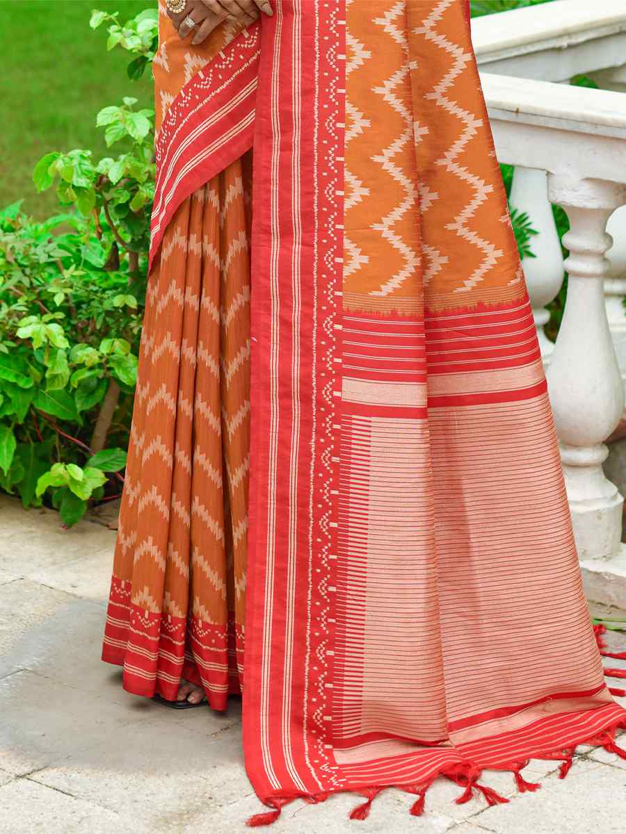 Orange Handloom Raw Silk Printed Casual Festival Contemporary Saree