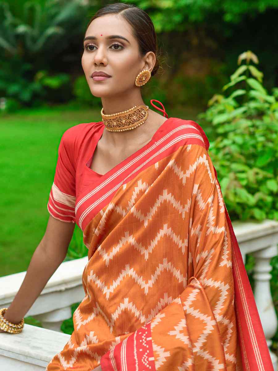 Orange Handloom Raw Silk Printed Casual Festival Contemporary Saree