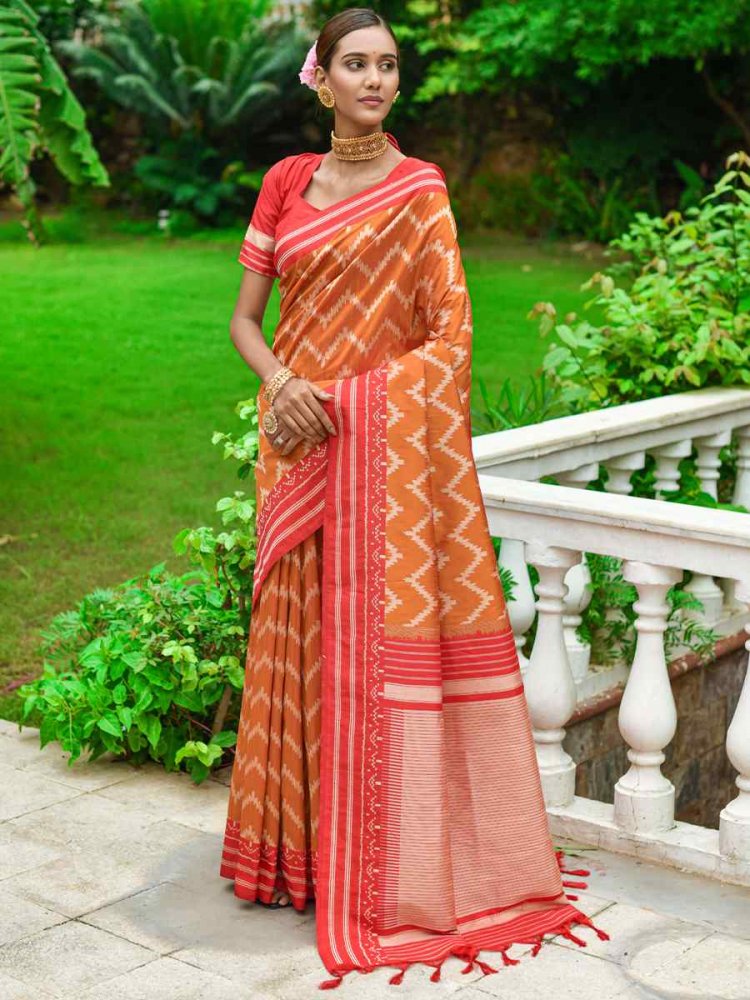 Orange Handloom Raw Silk Printed Casual Festival Contemporary Saree