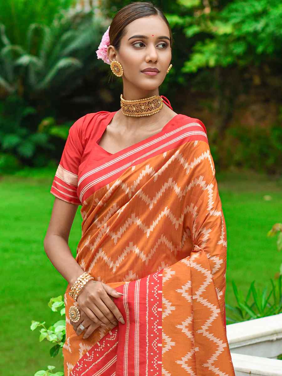 Orange Handloom Raw Silk Printed Casual Festival Contemporary Saree