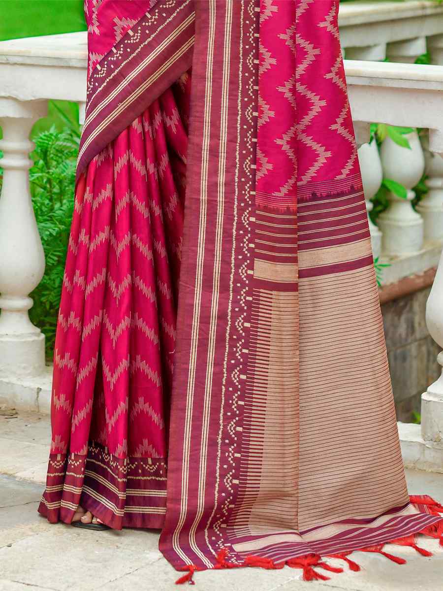 Pink Handloom Raw Silk Printed Casual Festival Contemporary Saree