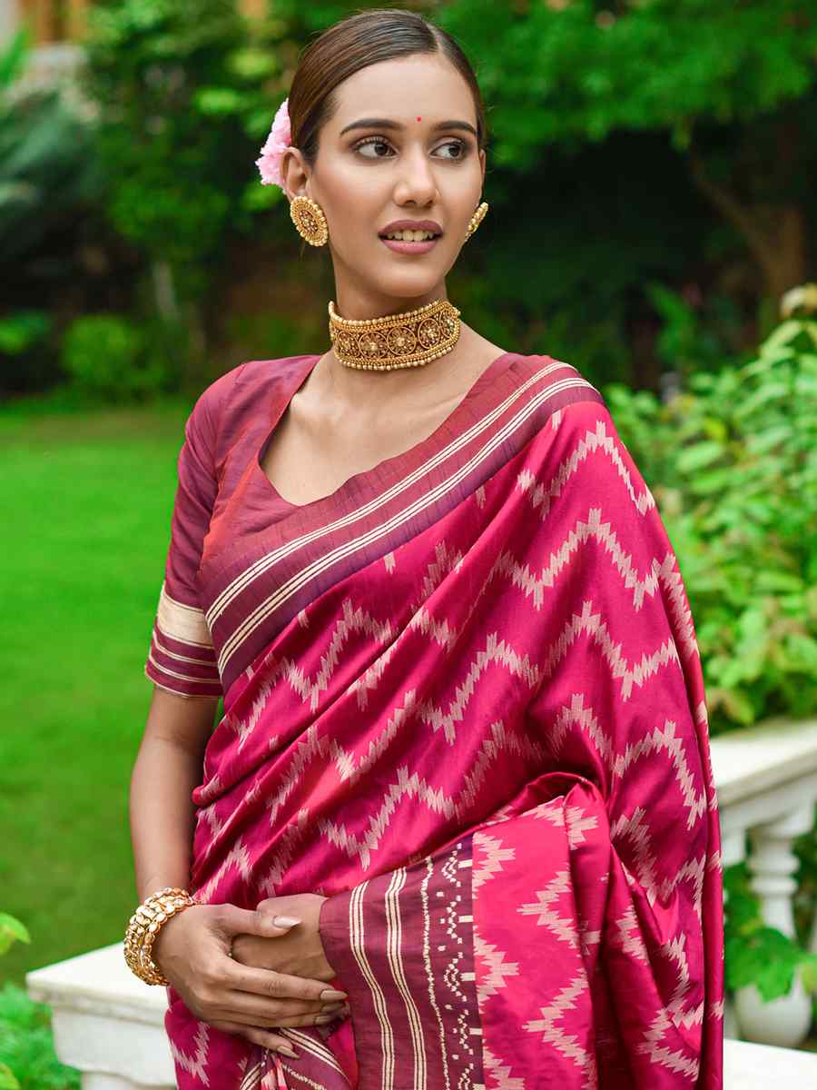 Pink Handloom Raw Silk Printed Casual Festival Contemporary Saree