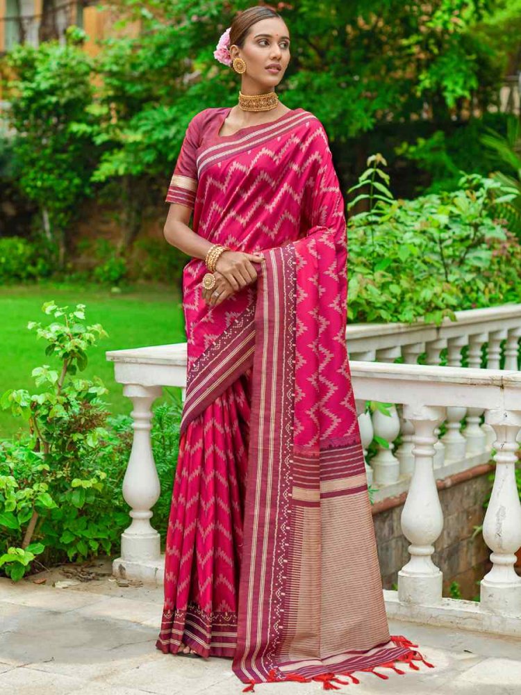 Pink Handloom Raw Silk Printed Casual Festival Contemporary Saree